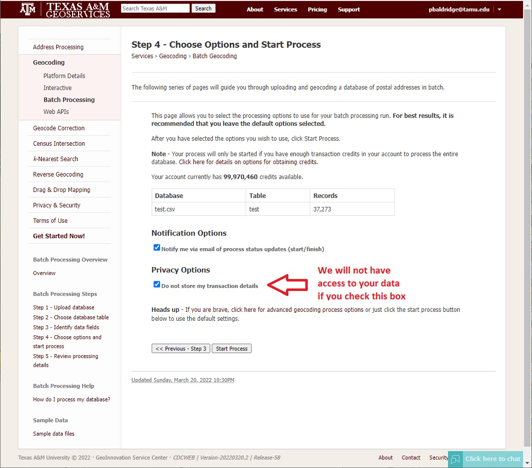 Select your processing options